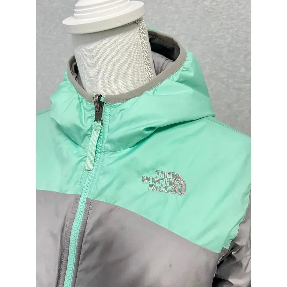 North Face Perseus Reversible Jacket Girls L Green Gray Hooded Reversible Fleece